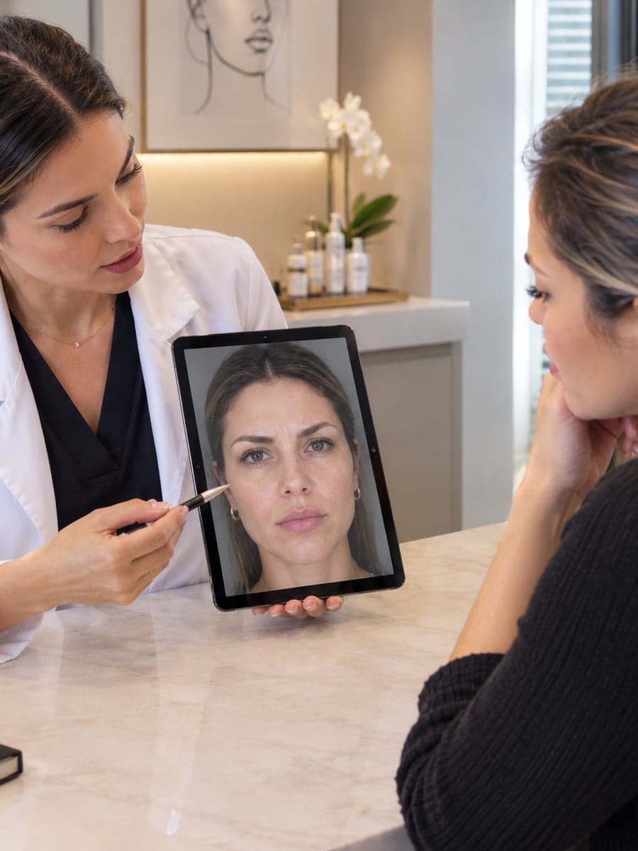 Médica em consultório mostrando a foto da paciente no tablet e explicando de forma verbal