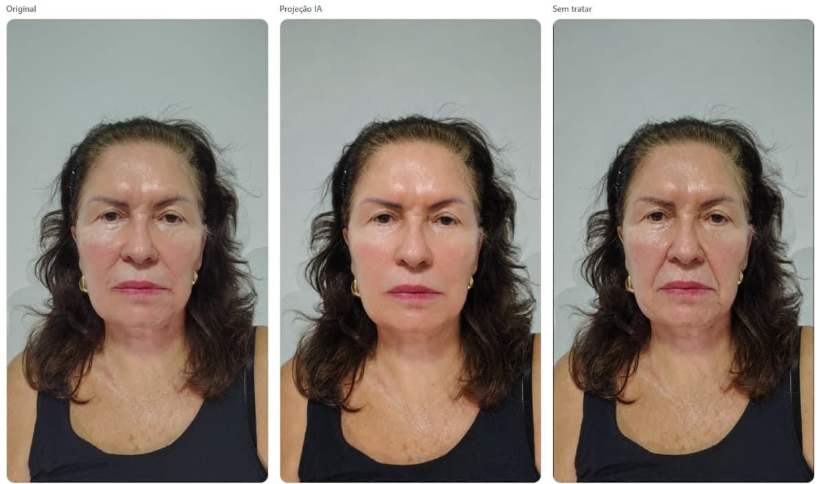 Três imagens da mesma paciente: foto original, projeção com IA do tratamento e projeção de envelhecimento sem tratamento